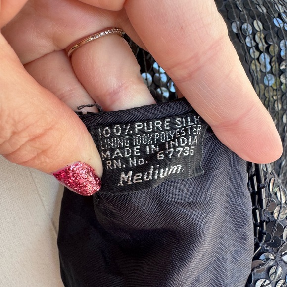 Vintage Black Sequin Silk Cardigan with Green Floral Sequin Accents - Picture 7 of 11